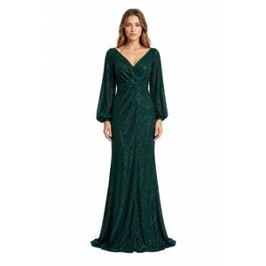 Fashion Class Green Sequin Evening Gown Dress Womens Size 10 Long Sleeve Sd Slit